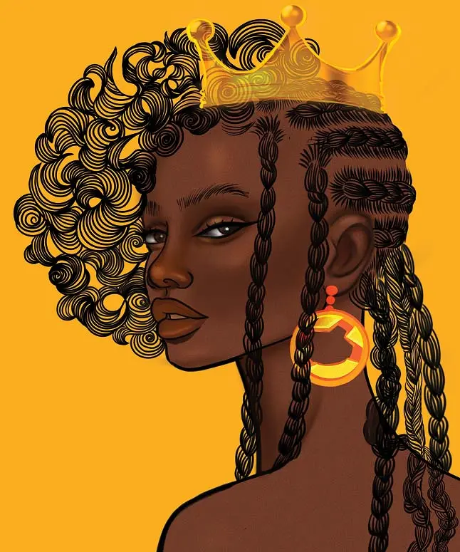 A vibrant illustration of a Black woman with a regal expression, wearing a gold crown and large, circular orange and yellow earrings. She has two distinct hairstyles: on the left side, her hair is a voluminous mass of swirling, stylized curls, and on the right side, it is styled in long, intricate cornrows. The background is a solid golden-yellow.