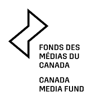 A minimalist black logo on a white background. The logo features a large, stylized, lightning bolt-like symbol made of thin black lines. To the right of the symbol, the text "Fonds des médias du Canada" is stacked on top of "Canada Media Fund."