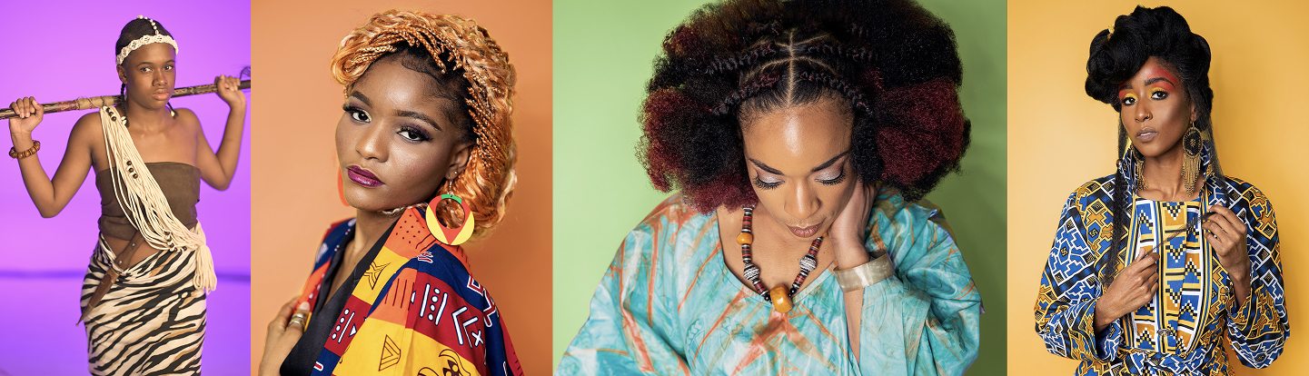 A four-panel group photo showcasing four different portraits of Black women, each with a unique hairstyle and cultural attire. The leftmost panel shows a young woman in traditional garb with a staff, against a purple background. The second panel from the left features a woman with blonde braids and a patterned jacket, against a peach background. The third panel shows a woman with an intricate braided hairstyle and a colorful dress, against a green background. The rightmost panel shows a woman with a large sculptural updo and a vibrant, patterned outfit, against a golden-yellow background.