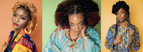 A four-panel group photo showcasing four different portraits of Black women, each with a unique hairstyle and cultural attire. The leftmost panel shows a young woman in traditional garb with a staff, against a purple background. The second panel from the left features a woman with blonde braids and a patterned jacket, against a peach background. The third panel shows a woman with an intricate braided hairstyle and a colorful dress, against a green background. The rightmost panel shows a woman with a large sculptural updo and a vibrant, patterned outfit, against a golden-yellow background.